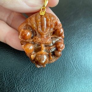 14K Solid Real Gold 3D Carving Carved Dragon Red Jade Pendant Men Power Strength
